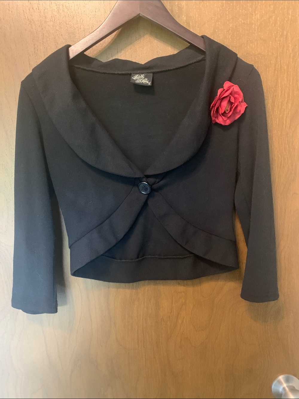 RockSteady Black Cropped Blazer with Red Flower Pin